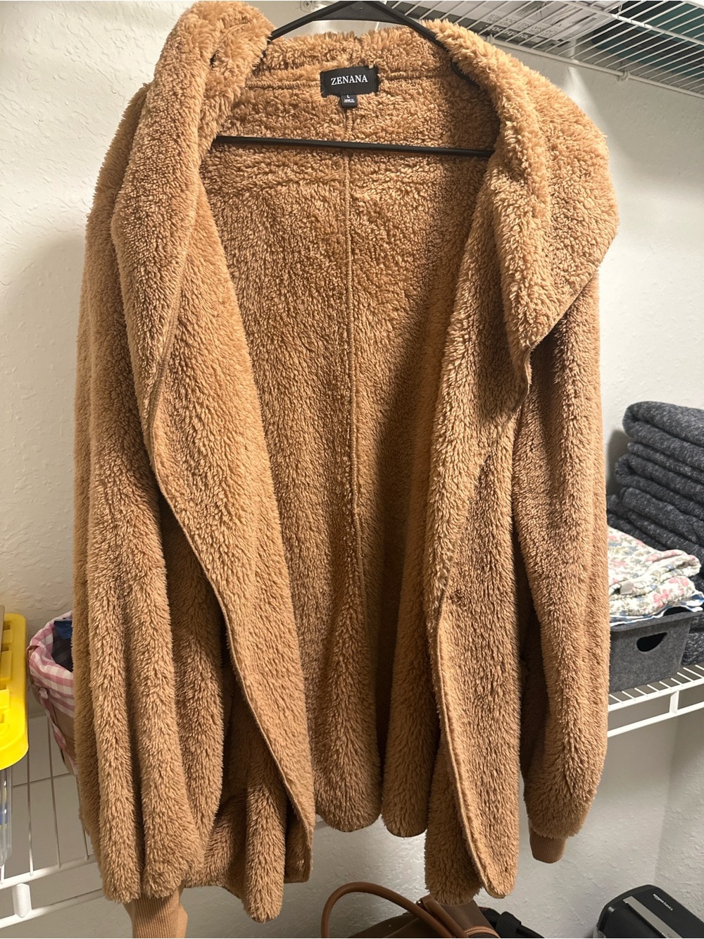 Zenana Outfitters Plush Sherpa Hooded Open Cardigan - Camel